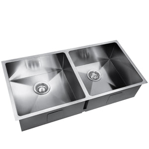 865 x 440mm Double Kitchen Stainless Steel Sink Satin Finish Drop In Flush Under Mount - Dodosales