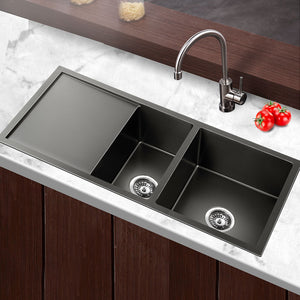 100cm x 45cm Stainless Steel Kitchen Sink Bowl Tub Under/Top/Flush Mount Black - Dodosales