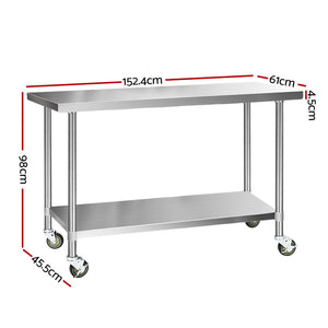 Commercial Stainless Steel Kitchen Bench Table Home Food Prep On Wheels - 1524MM x 610MM