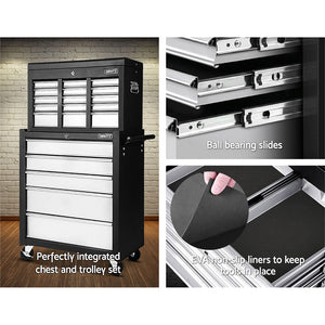 z 14 Drawers Toolbox Tool Chest Trolley Box Cabinet Cart Garage Storage Black & Grey - Afterpay - Zip Pay - Dodosales -