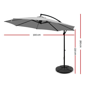 3M Umbrella with 48x48cm Base Outdoor Umbrellas Cantilever Sun Beach Garden Patio Grey - Dodosales