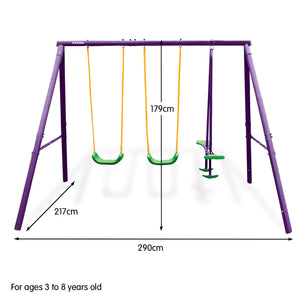 Kids 4-Seater Swing Set Purple Green Tandem Swing Metal Frame