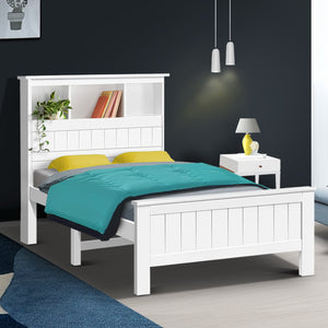 Wooden King Single Size Bed Frame With Headboard Shelves (No Mattress) - Dodosales