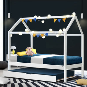White Single Size Pine Wood Bed Frame + Trundle House Shape Kids Bedroom (No Mattress) - Dodosales