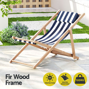 Stripe Deck Chair Wooden Frame Foldable Beach Seat Sun Lounge